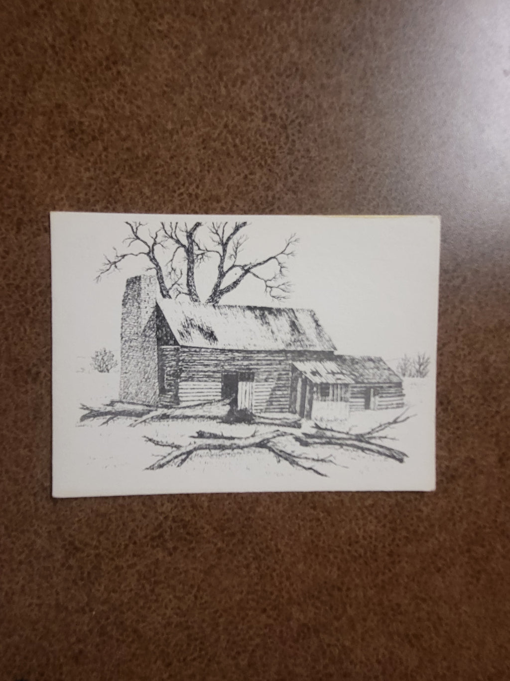 1991 Rustic Log Cabin Sketch Postcard Black and White Country Cabin Illustration